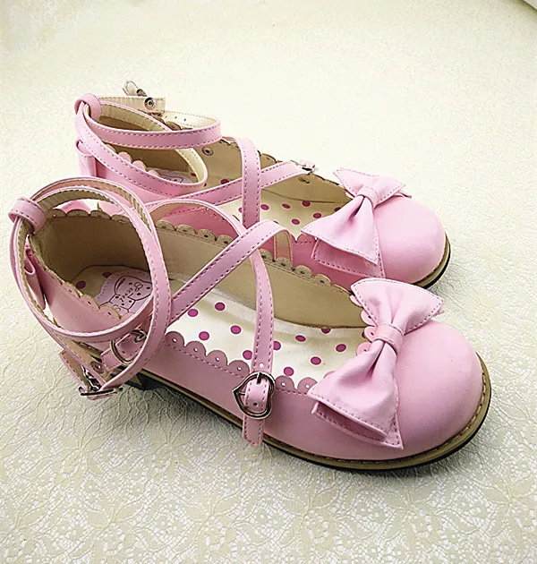 

Dropshipping Lolita Shoes Women Flats Low Round with Cross Straps Bow Cute Girls Princess Tea Party Shoes Students Lovely Shoes