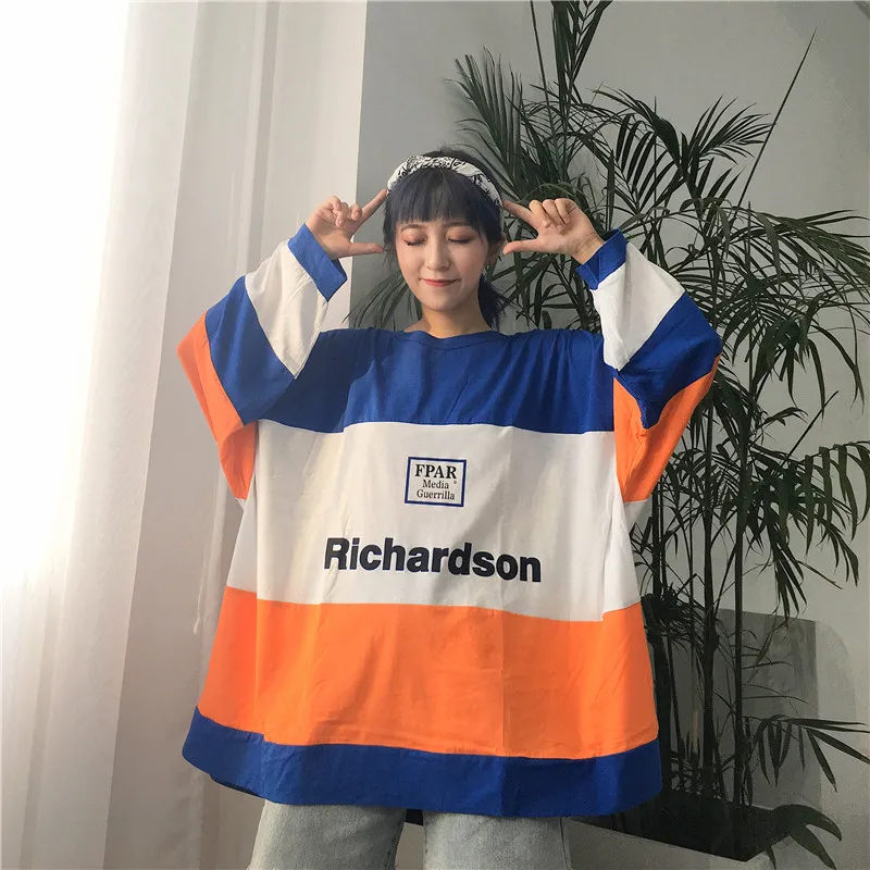 Camisetas Mujer Осенняя одежда в Корейском стиле Ulzzang Harajuku Лоскутная футболка с длинными