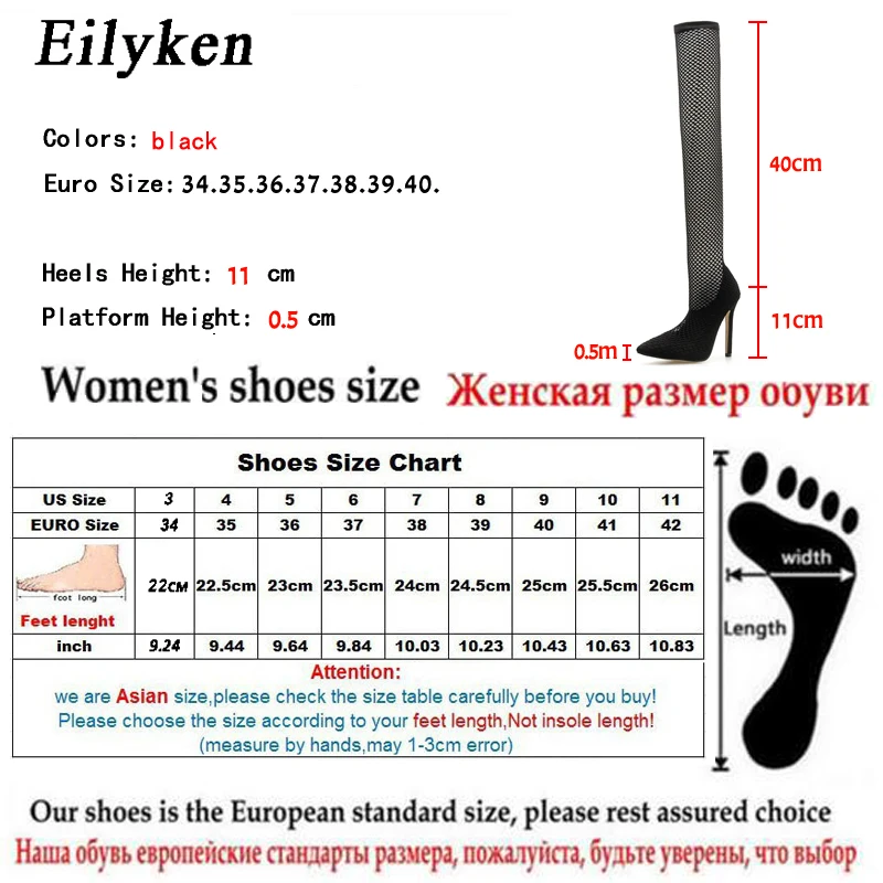 Eilyken/Новые летние женские сапоги модные сапоги с острым носком на высоком каблуке, сандалии Осенняя пикантная черная обувь выше колена размер 42