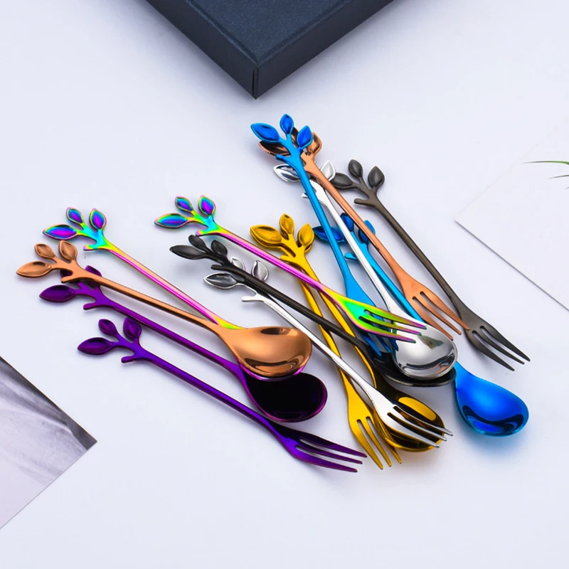 Tofok ложка из нержавеющей стали, ветка, лист, фруктовая вилка, ложка для размешивания кофе, подарочная посуда в скандинавском стиле, красочные десертные столовые приборы