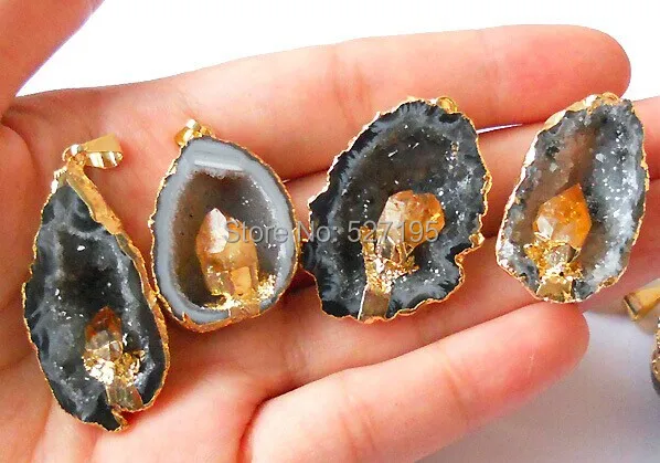 

wholesale 10pcs gold Natural Geode Druzy Jewelry Pendant Bead 29-37mm long