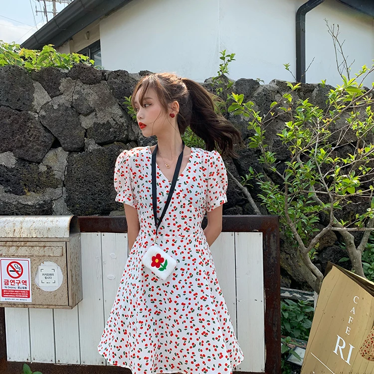 Summer Cherry Puff Sleeve V-neck Slim Dress Women's Lovely Dresses Chic Ins Kawaii Female Sweet Harajuku Punk Clothing For Women | Женская