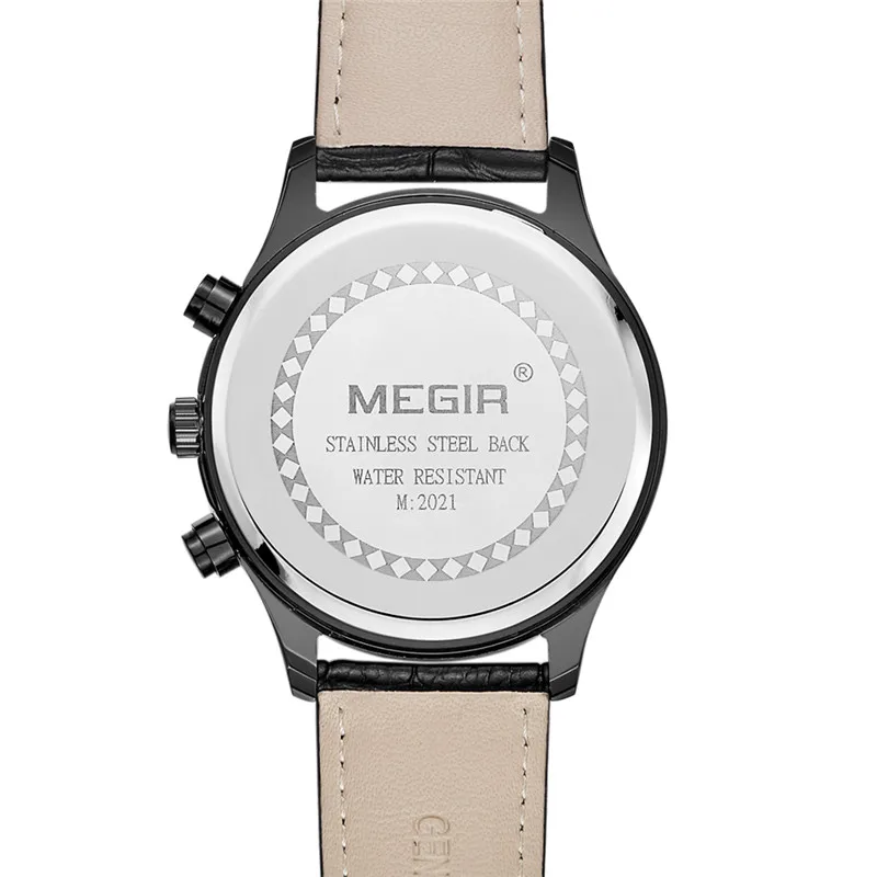 Мужские часы с хронографом MEGIR спортивные кожаные золотые наручные кожаным