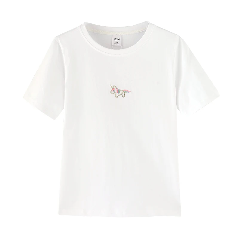 PERHAPS U White Tees Top T Shirt Short Sleeve Unicorn Embroidery O Neck Summer B0108