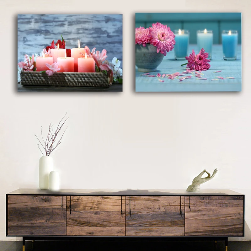 Led Холст Искусство розовые Хризантемы цветы со свечами спа Настенная картина