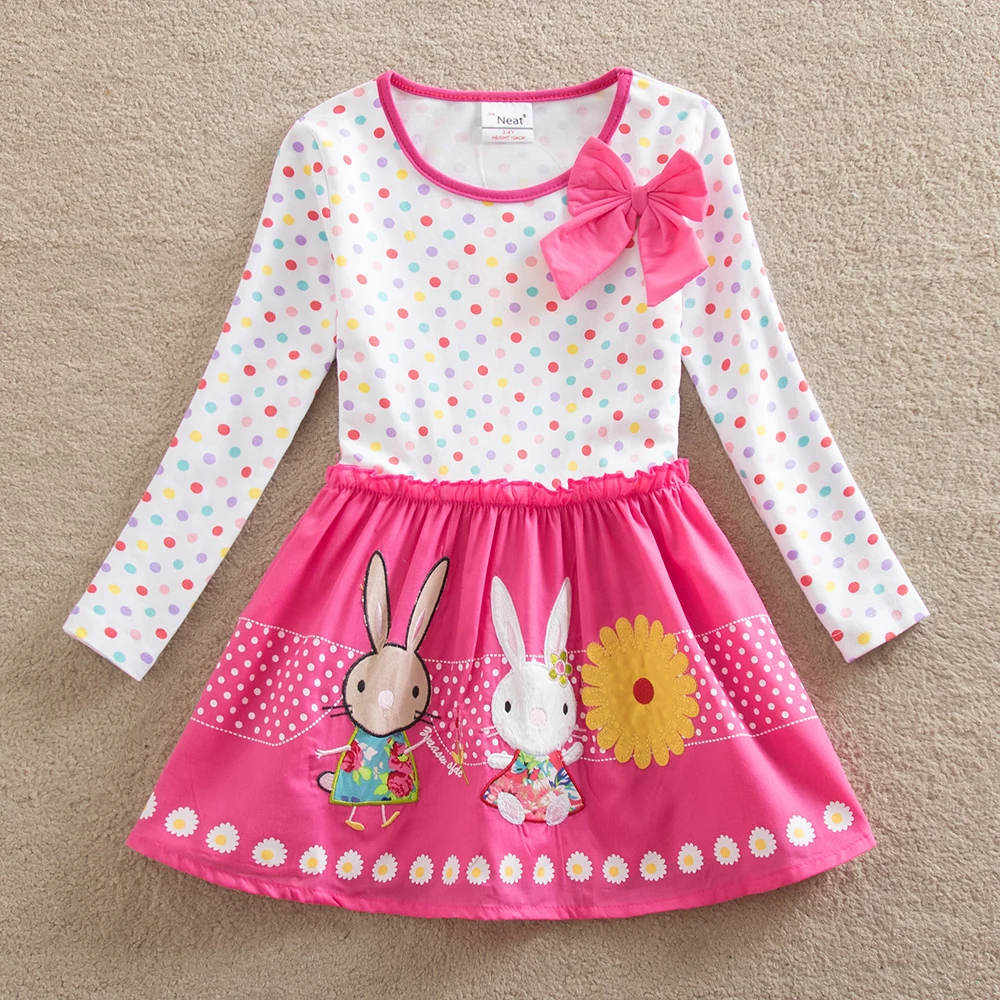 Платье с длинными рукавами для девочек; сезон весна-осень; vestidos Infantil; платье для девочек с вышитым кроликом; Детские платья для девочек; LH4829