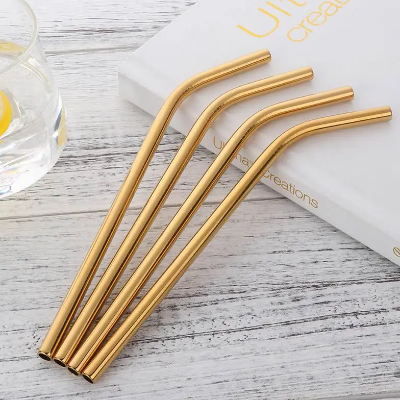 100 Gold bent 100 шт/партия Соломинки из нержавеющей стали+ щеточка для очистки, многоразовая диаметр 8 мм изогнутая металлическая соломинка золото черный Кухня Горячая - Цвет: 100 Gold bent