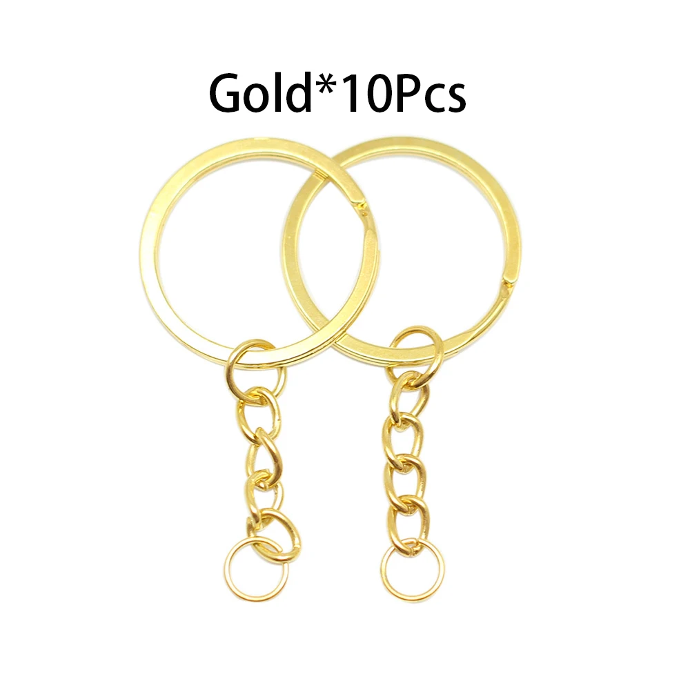 Gold 10 шт. 30 мм полированный серебряный золотой длинный круглый разделенный брелок для ключей с короткой цепочкой, брелки для ключей, принадлежности для изготовления ювелирных изделий DIY - Цвет: Gold