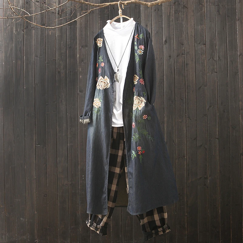 Женское джинсовое пальто с цветочной вышивкой свободная джинсовая верхняя