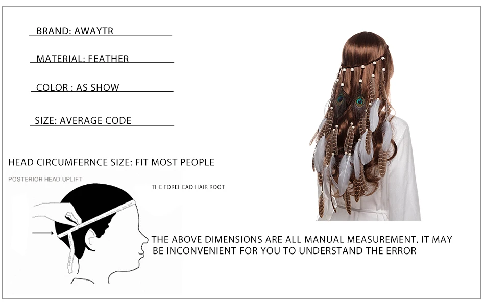 AWAYTR Fashion Boho Feather Headband for Woman Festival Hair Accessories Peacock Feather Turban Ladies Adjust Hairband