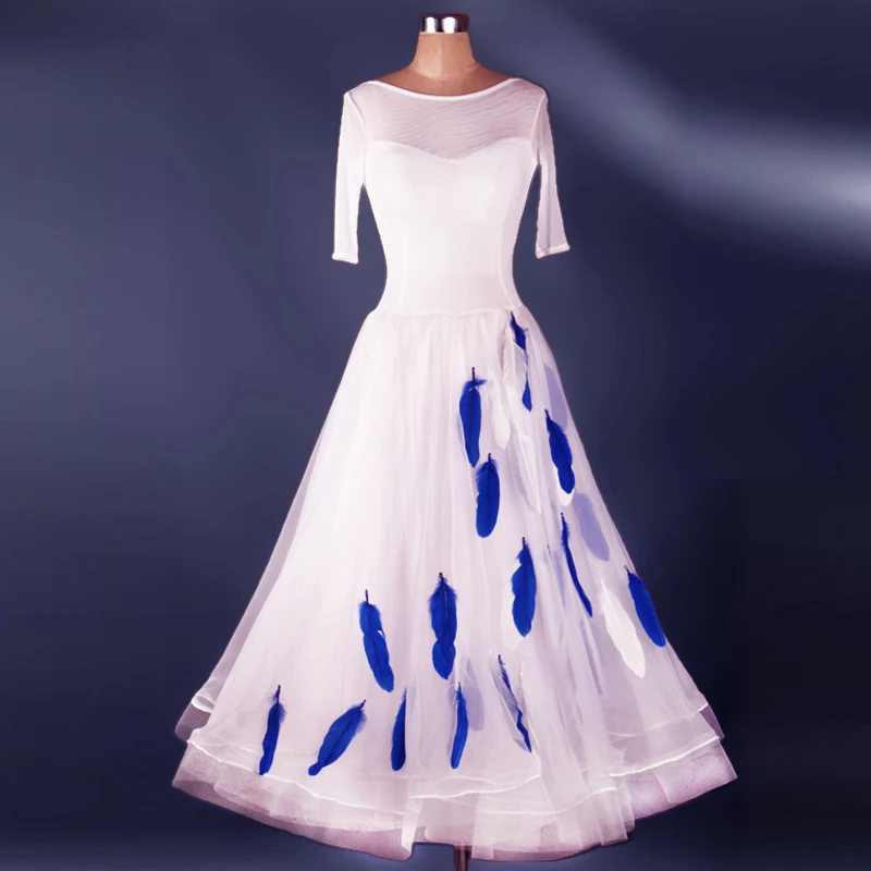 

customize custom high quality adult feather Ballroom Fox trot Quick step tango Modern galop Waltz competition Dance Dress