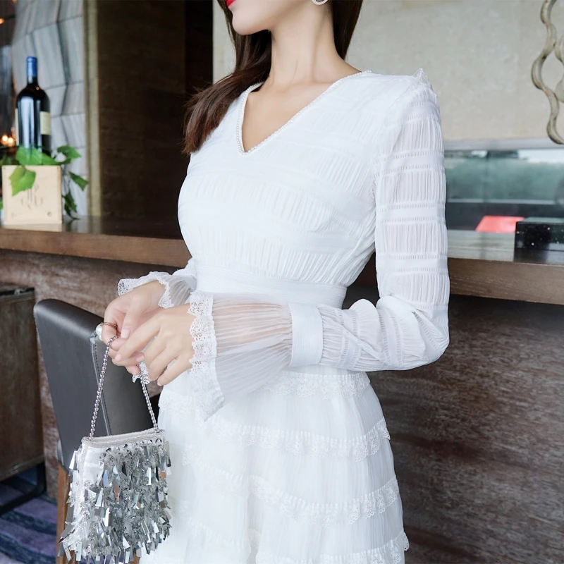 Женское ажурное платье длинное лоскутное с растворимым кружевом V образным