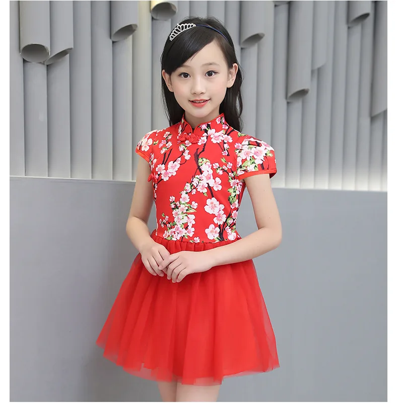 Cheongsam/платья для девочек Летние китайские платья с цветочным рисунком маленьких