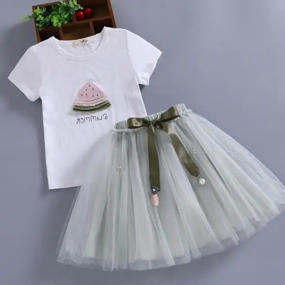 tee green skirts От 2 до 13 лет комплект одежды из 2 предметов, Детская летняя одежда для девочек с рисунком арбуза, футболка с цветочным рисунком+ сетчатая юбка с бантом - Цвет: tee green skirts