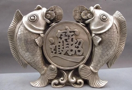 song voge gem S0267 China White Copper Silver Lucky Feng Shui Coin Money wealth Two carp Fish Statue