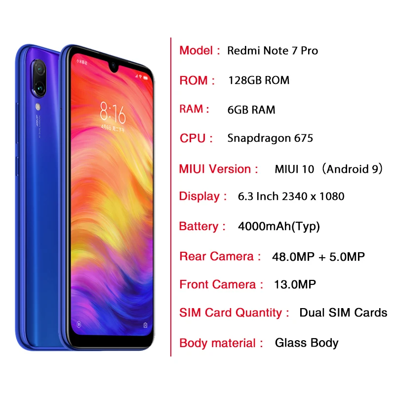 Мобильный телефон Xiaomi Redmi Note 7 Pro с глобальной прошивкой 6 ГБ + 128 Восьмиядерный