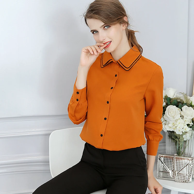 TANGNEST Women Peter Pan Collar OL Shirts 2018 Spring Summer Chiffon Casual Button Long Sleeve Tops |