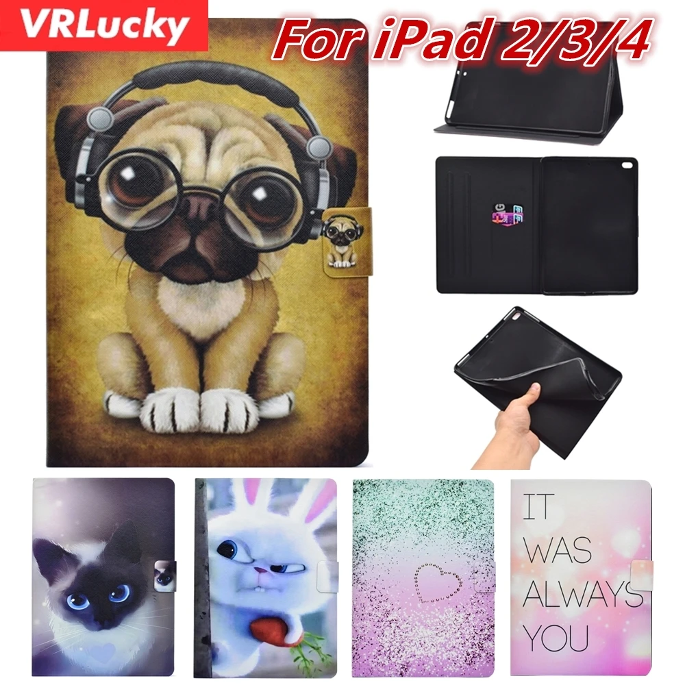 VRLucky для iPad 2/3/4 случай Мода Милая собачка кошка кролик шаблоны флип и Стенд PU