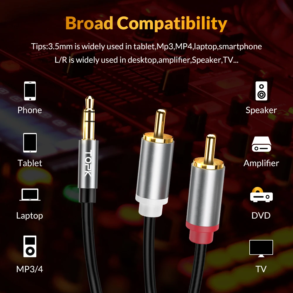 Аудиокабель TOPK RCA с 2RCA на 3 5 мм адаптер Jack AUX кабель для телефона Edifer домашнего
