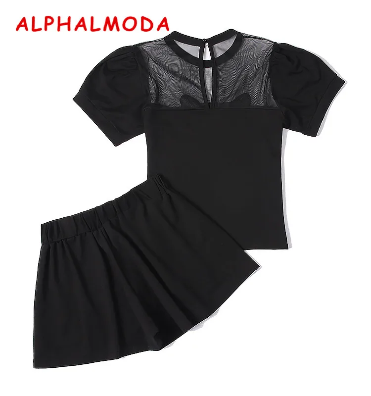 ALPHALMODA женские популярные расшитые блестками Футболки с коротким рукавом с аппликацией кошки+ шорты, летние комплекты из 2 предметов, Повседневная футболка с рукавом-фонариком+ шорты