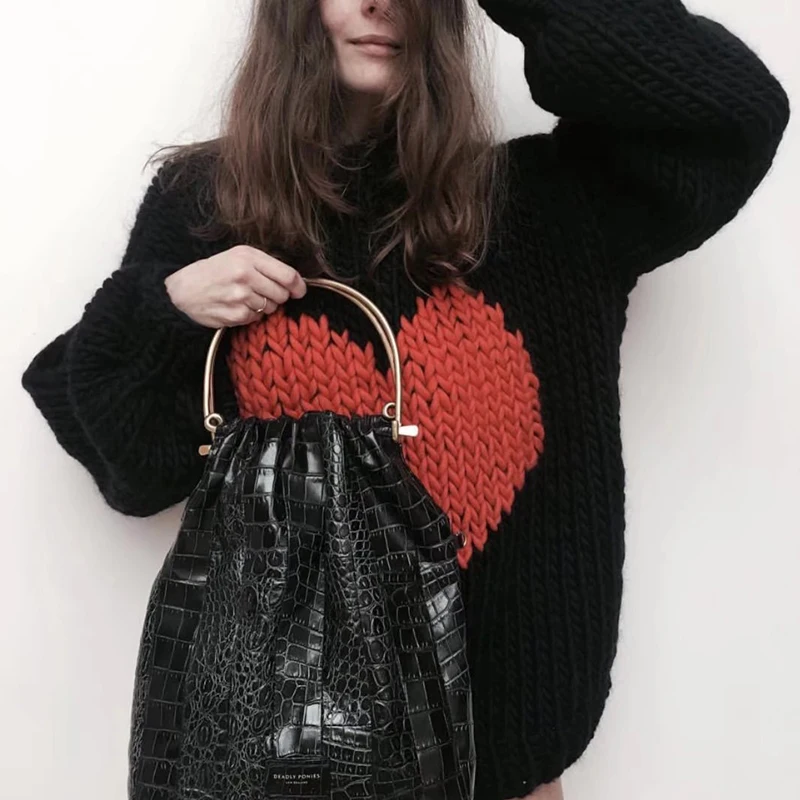 Heart Printed Women Mohair Sweaters 2018 Brand Streetwear Oversized Batwing Sleeve Knitted Pullovers Femme Knitwear cws0061-5 | Женская