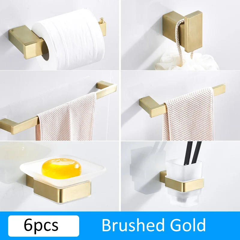 6pcs Brushed Gold Матовый черный держатель для бумаги из нержавеющей стали для ванной комнаты, держатель для полотенец, держатель для зубных щеток, набор аксессуаров для ванной - Цвет: 6pcs Brushed Gold