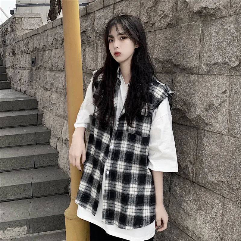 Весенне летний новый модный ретро костюм без рукавов с воротником клетчатая