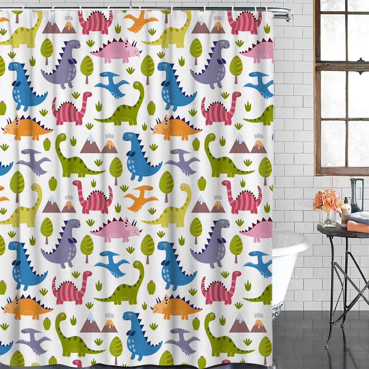 OURHouse Lovely Dinosaur Patterns Shower Curtain 84 Inch Liner Bathroom Sets Childrens Unique Girls Rings Cloth Hooks Cool Cu | Дом и сад