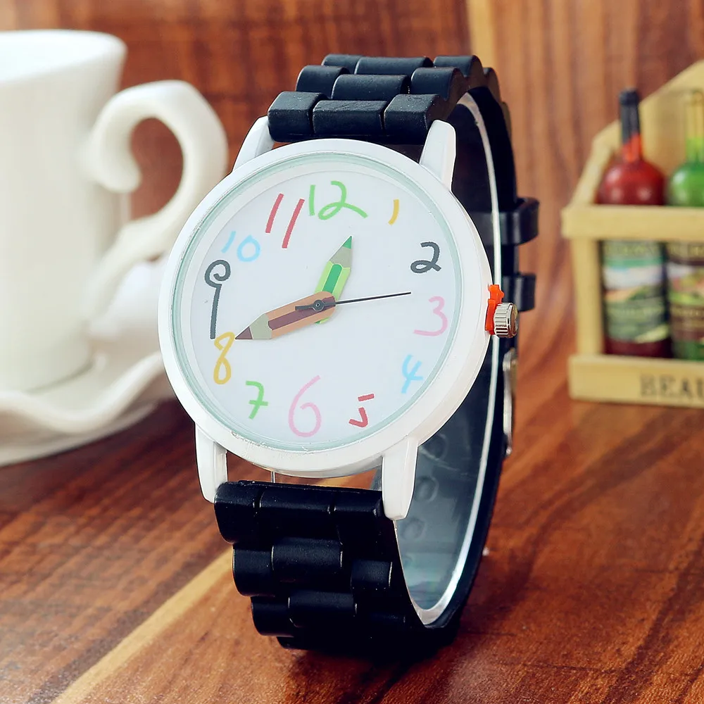Silicone Candy Color Student Quartz Watch Girls Clock Fashion Pencil Pointer Wristwatches Children Cartoon Kids Gift Watches