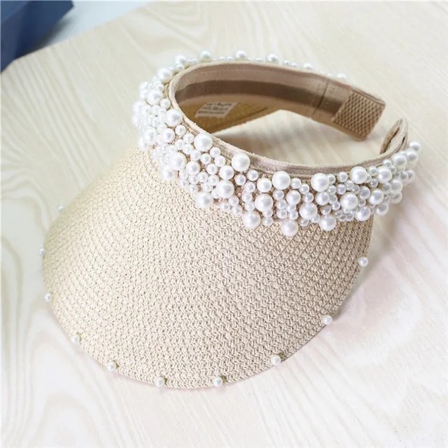 beige Летние женские модные перламутровые пустые козырьки для пляжа соломенная солнцезащитная Кепка женские шляпы Gorros - Цвет: beige