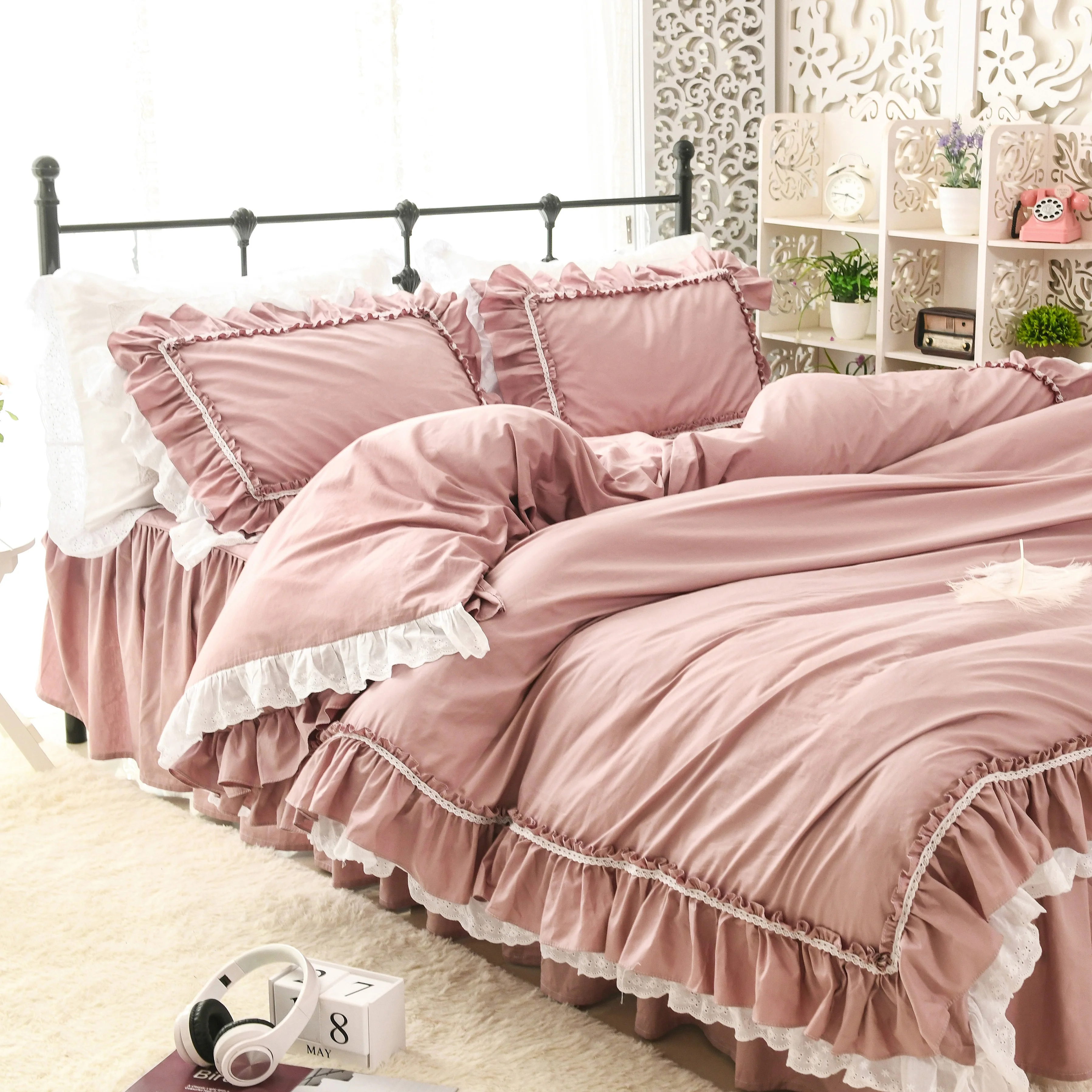 Korean version of the bed skirt style cotton lace embroidered quilt cover solid color princess girl heart bedding | Дом и сад