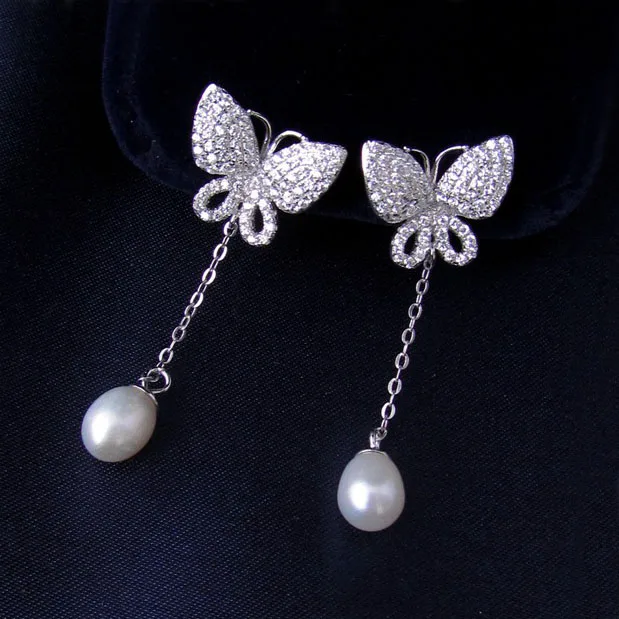 

Luxury Elegant Sparkling Genuine 925 Sterling Silver Butterfly CZ stone Freshwater Pearl Long Drop Earrings Women Jewelry