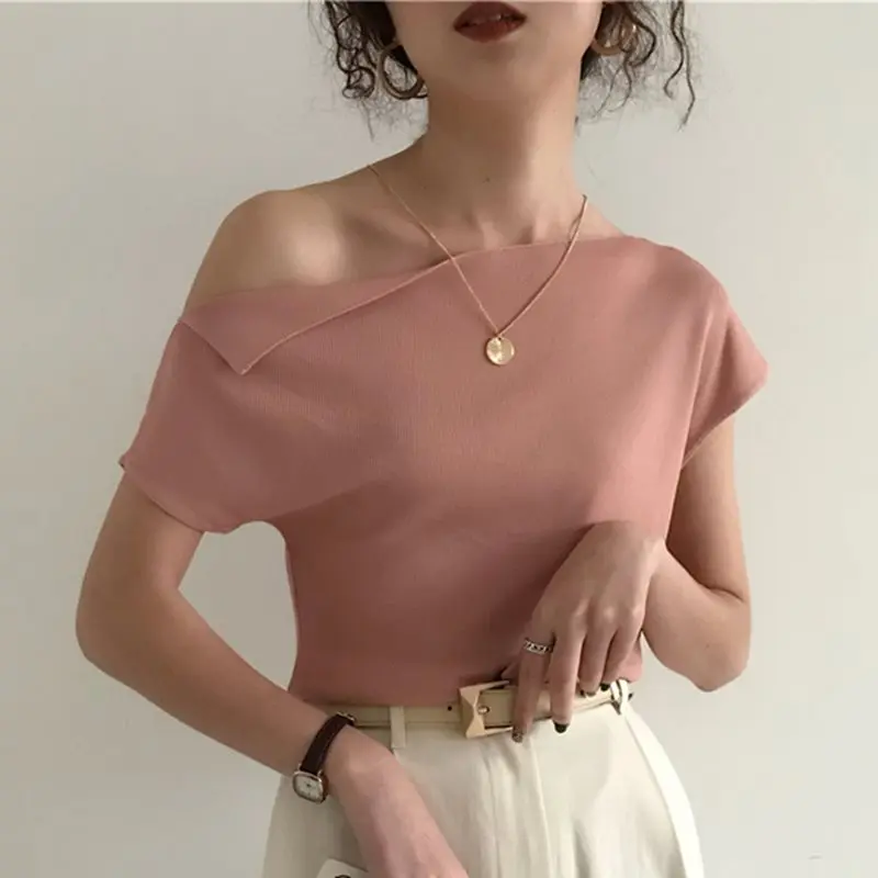 2019 корейский стиль белый вязаный Топ женская футболка летняя черная сексуальная