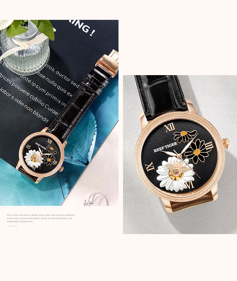 Reef Tiger/RT женские модные часы Топ брендовые Роскошные автоматические часы женские часы с ремешком из натуральной кожи Relogio Feminino RGA1585