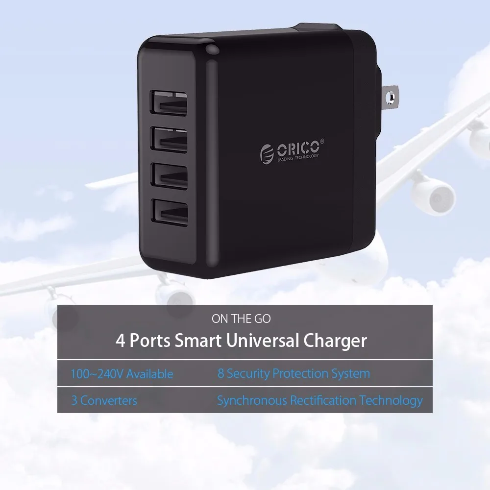 ORICO Global портативное USB зарядное устройство, 4 порта, дорожное зарядное устройство с конвертером, USB зарядное устройство, настенное зарядное устройство для телефона, планшета