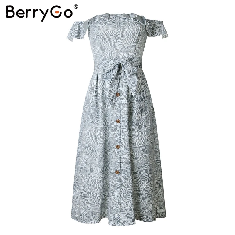 Синий BerryGo, женские платья, платье миди, богемное, с принтом, на пуговицах, элегантные, с оборками, с открытыми плечами, платья, летнее платье, с бантом, vestidos - Цвет: Синий