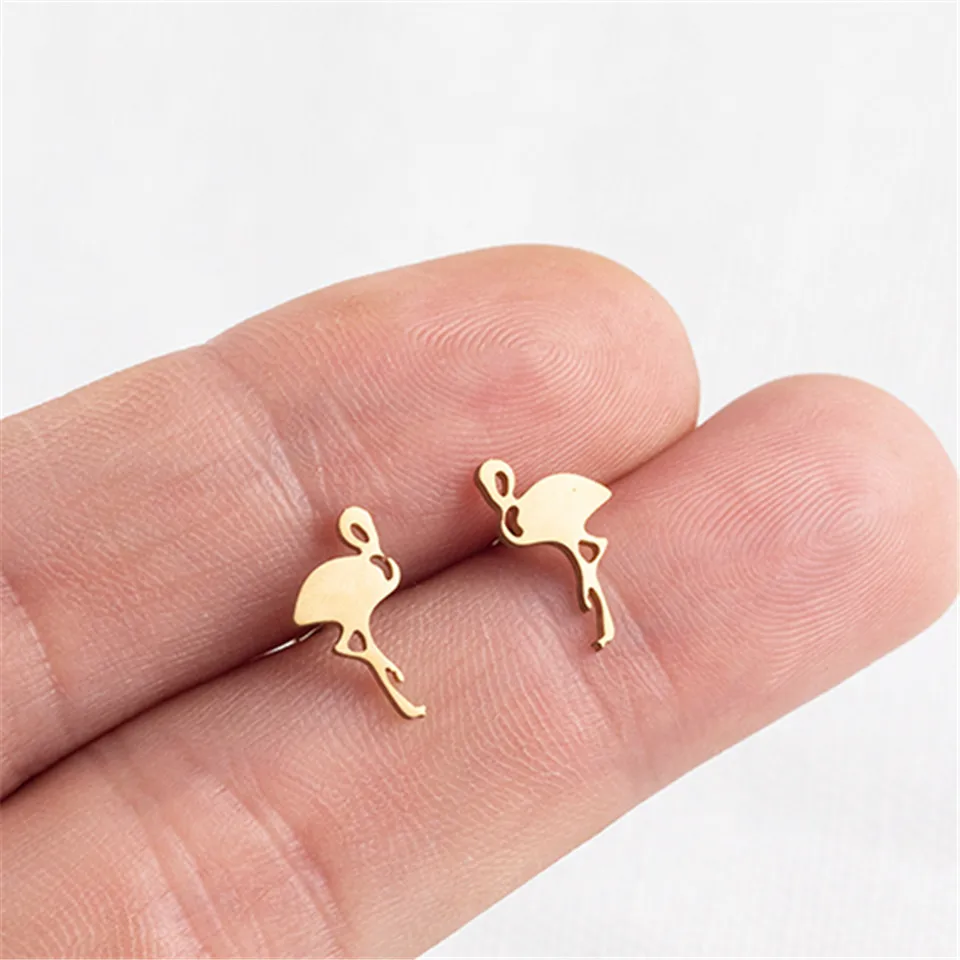 Милые позолоченные серьги гвоздики из нержавеющей стали с изображением фламинго