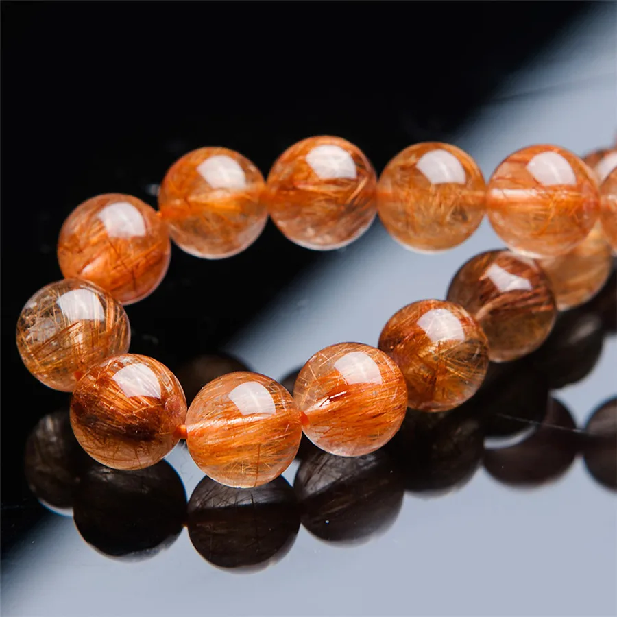 9mm Natural Genuine Brazilian Copper Hair Rutilated Quartz Crystal Round Beads Jewelry Stretch Bracelets For Women Femme | Украшения и