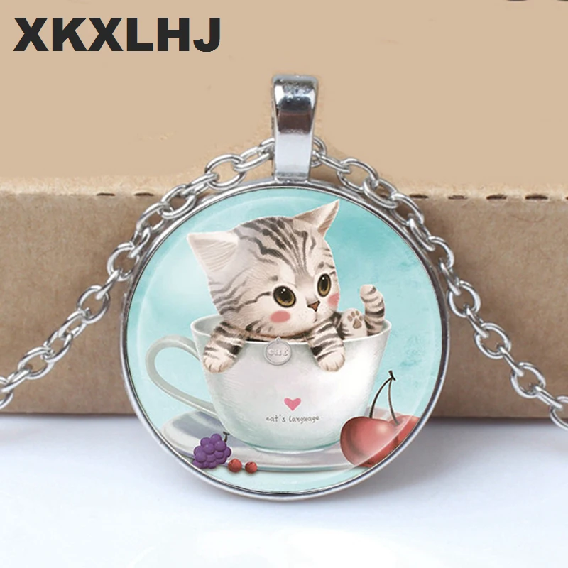 

High Quality Girls Silver Plated Cute Cat Glass Pendant Necklace For Women Hot Sale Lovely Kids Cat Necklace Jewelry