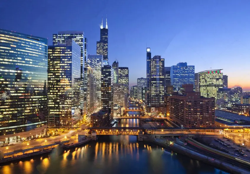 chicago City Downtown River Bridges Sunset backdrops High quality Computer print wall backgrounds | Электроника