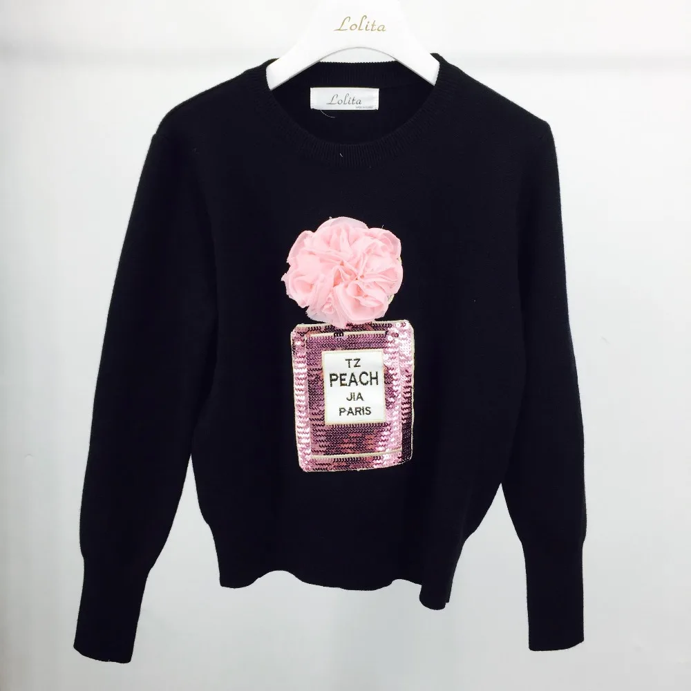 Amolapha Women 3D Floral Bottle Sequined Patterm Knitted Jumper Tops Pretty Knit Sweater Pullovers | Женская одежда
