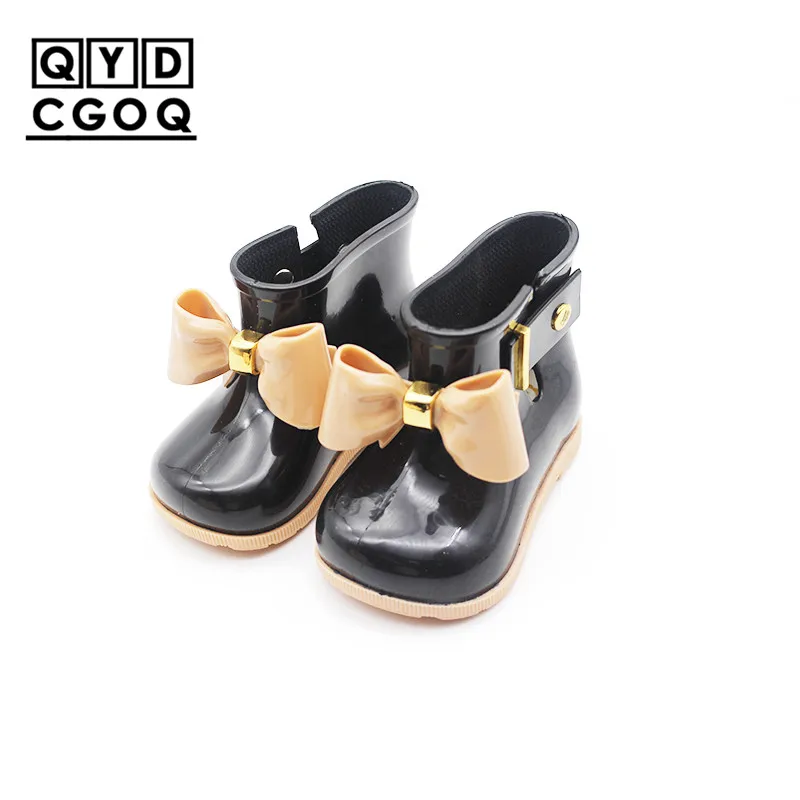 Mini Melissa/стильные резиновые сапоги с бантом; оригинальные сапоги для девочек; Новинка года; прозрачные сандалии для девочек; детские непромокаемые ботинки для малыша из водонепроницаемого материала - Цвет: Black