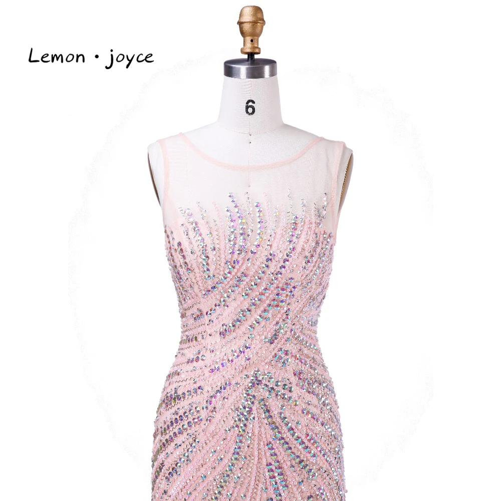 Formal Light Pink Evening Dresses Mermaid 2018 New Design O-neck Backless Beading Crystal Floor-length Tulle Party Gowns | Свадьбы и