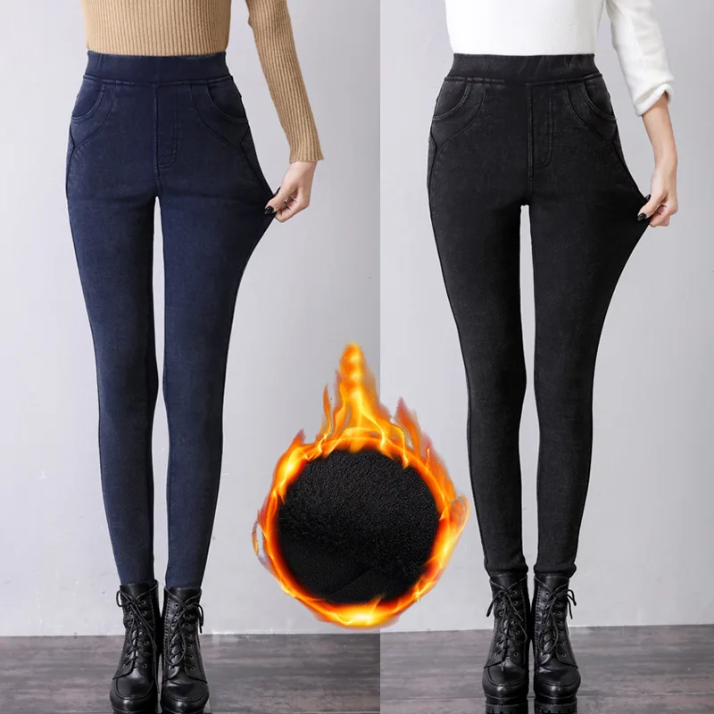 Women Casual Pants Winter Velvet Cotton High Waist Jeans Elastic Pencil Fashion Skinny Warm Trousers Plus Size | Женская одежда