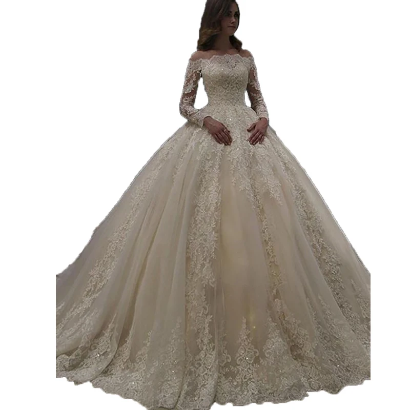 Exquisite Long Sleeves Lace Wedding Dresses 2020 Boat Neckline Sheer Tulle Applique Bridal Dress Wedding Ball Gowns
