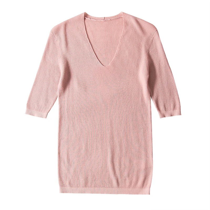 Women Pullovers 100%Wool Rib knitted Half sleeved sweaters V neck pullover 2018 Spring Bottoming knit shirt Black White Khaki | Женская