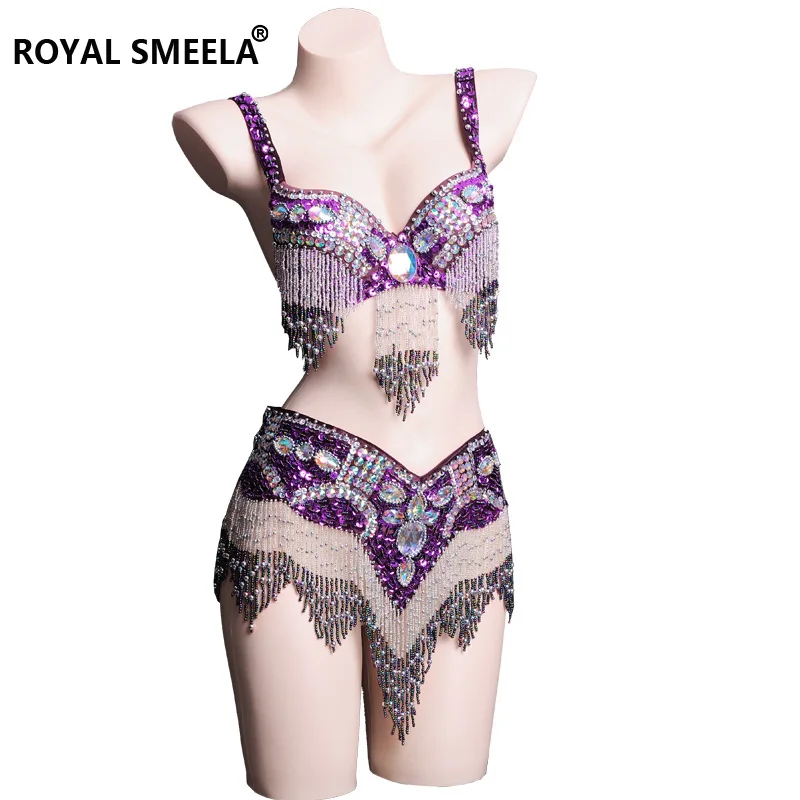 Purple Женский комплект для танца живота, костюм, одежда для танца живота, сексуальный ночной танец, танец живота, карнавальные топы, цепочка, бюстгальтер, пояс, WY8608 - Цвет: Purple