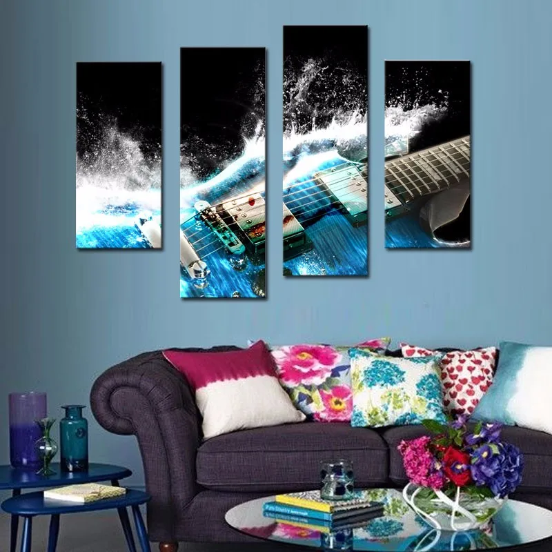 

4 Picture Combination Guitar In Blue And Waves Looks Beautiful Wall Art Painting On Canvas Music Pictures For Home Decor Gift