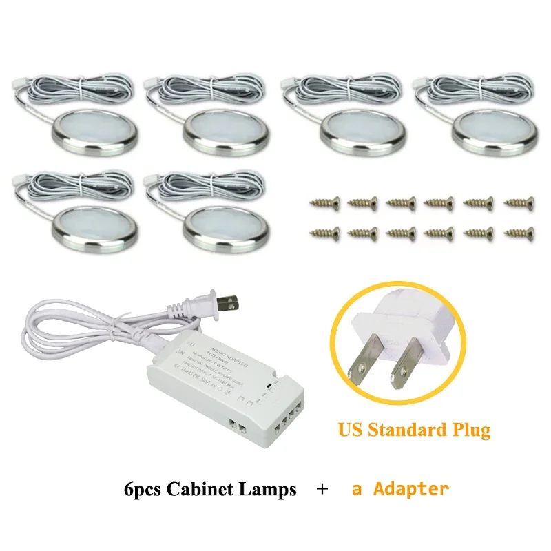 6 Lamps 1 US Adaptor Светодиодный светильник под шкаф-купе Кухонный шкаф-стойка Алюминиевый серебристый круглый шайба Лампы 12В Шкаф для книг Шкаф для освещения лампового освещения - Цвет: 6 Lamps 1 US Adaptor
