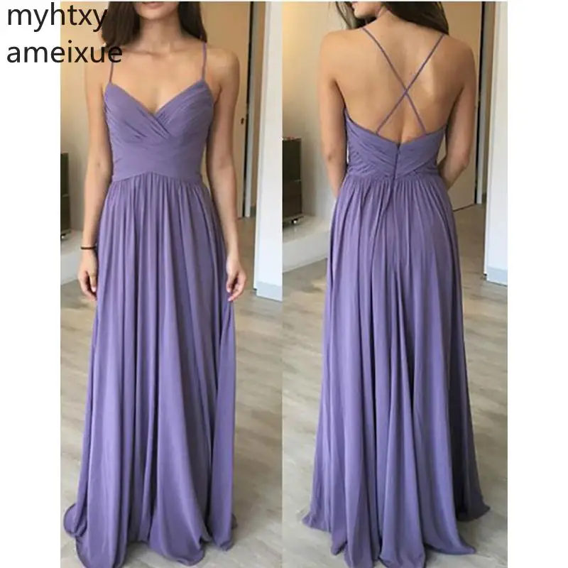 Простое фиолетовое вечернее платье 2020 шифоновое для выпускного вечера до пола